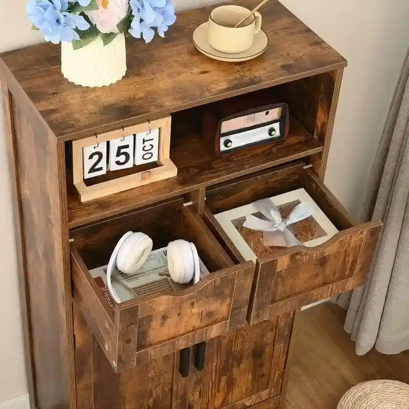 Meuble de Rangement au Sol avec 2 Portes, Étagère Ouverte et 2 Tiroirs