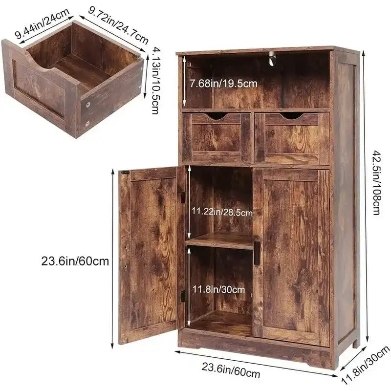 Meuble de Rangement au Sol avec 2 Portes, Étagère Ouverte et 2 Tiroirs
