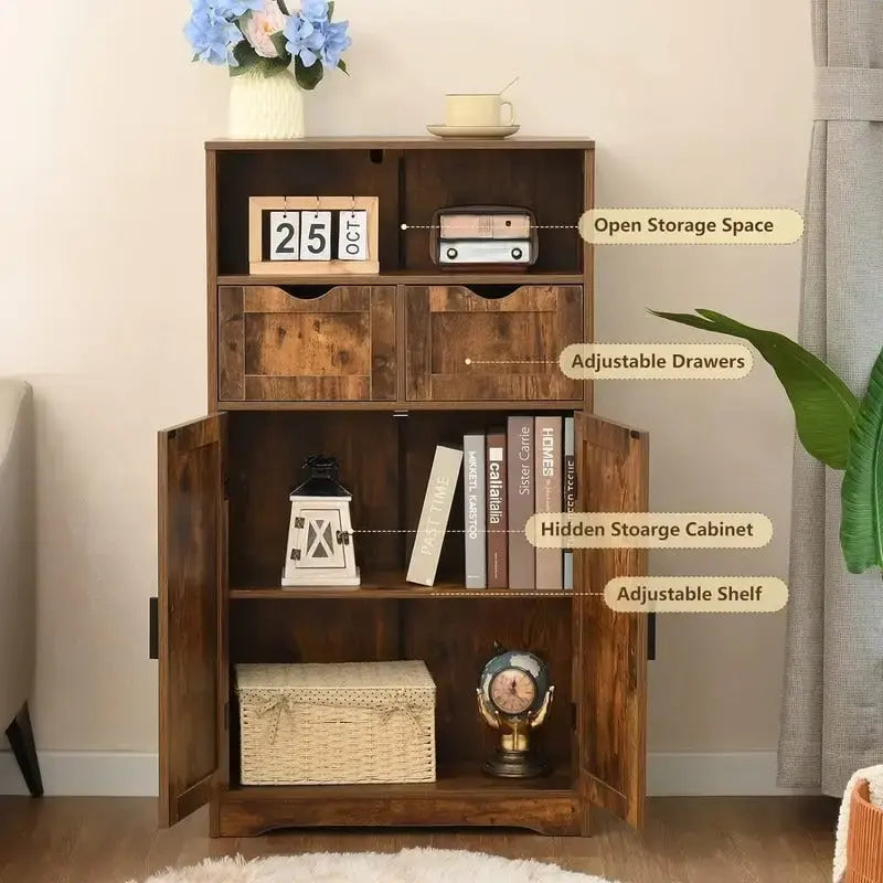 Meuble de Rangement au Sol avec 2 Portes, Étagère Ouverte et 2 Tiroirs