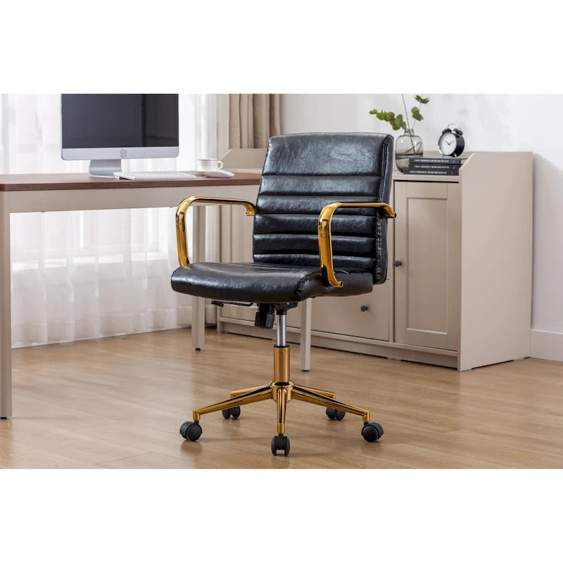 Chaise de bureau pivotante en similicuir mi-dossier avec base en métal doré