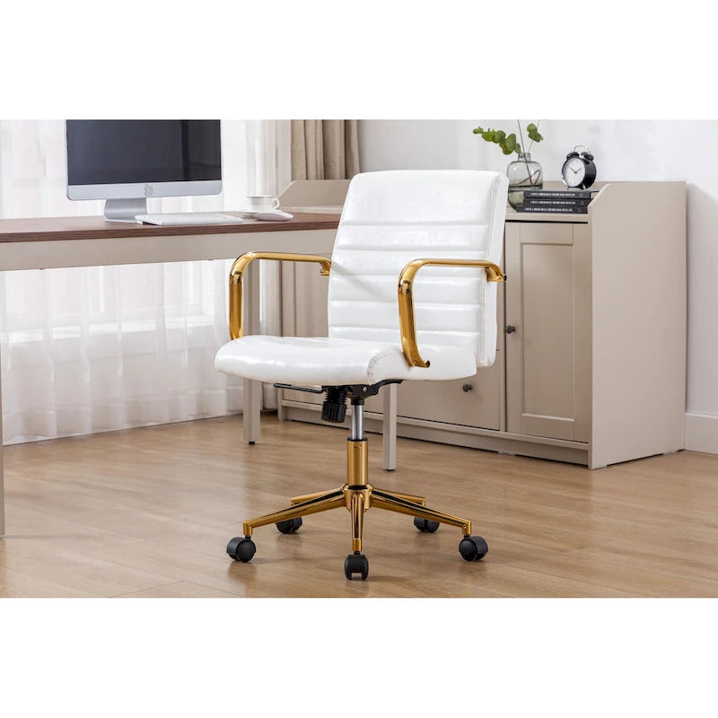 Chaise de bureau pivotante en similicuir mi-dossier avec base en métal doré