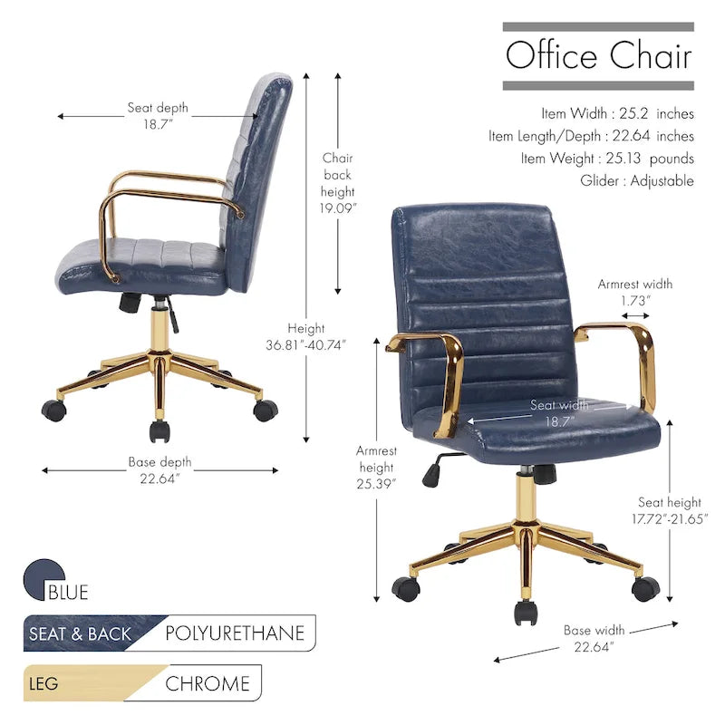 Chaise de bureau pivotante en similicuir mi-dossier avec base en métal doré
