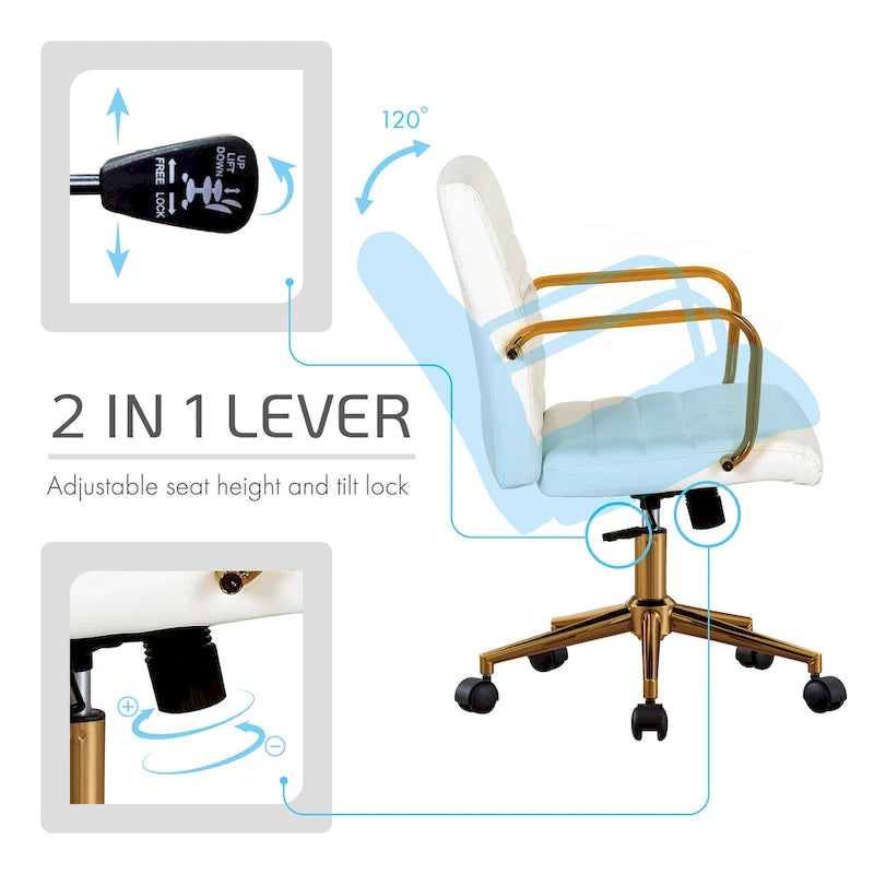 Chaise de bureau pivotante en similicuir mi-dossier avec base en métal doré