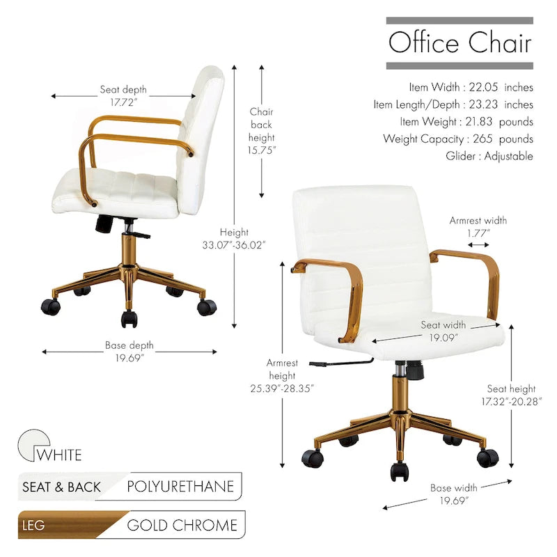 Chaise de bureau pivotante en similicuir mi-dossier avec base en métal doré