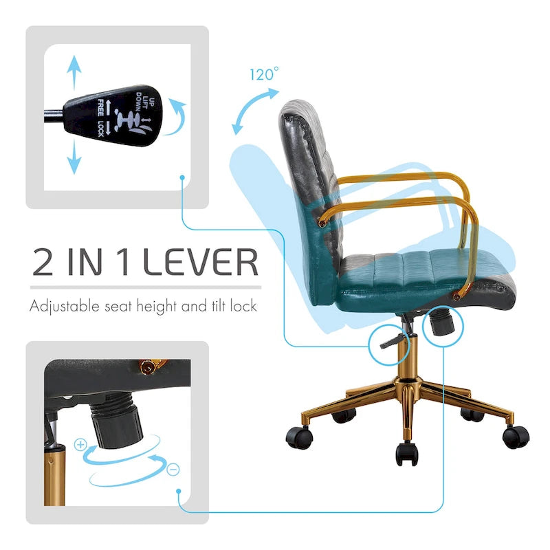 Chaise de bureau pivotante en similicuir mi-dossier avec base en métal doré