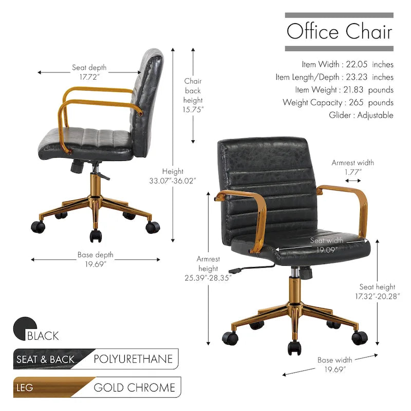Chaise de bureau pivotante en similicuir mi-dossier avec base en métal doré