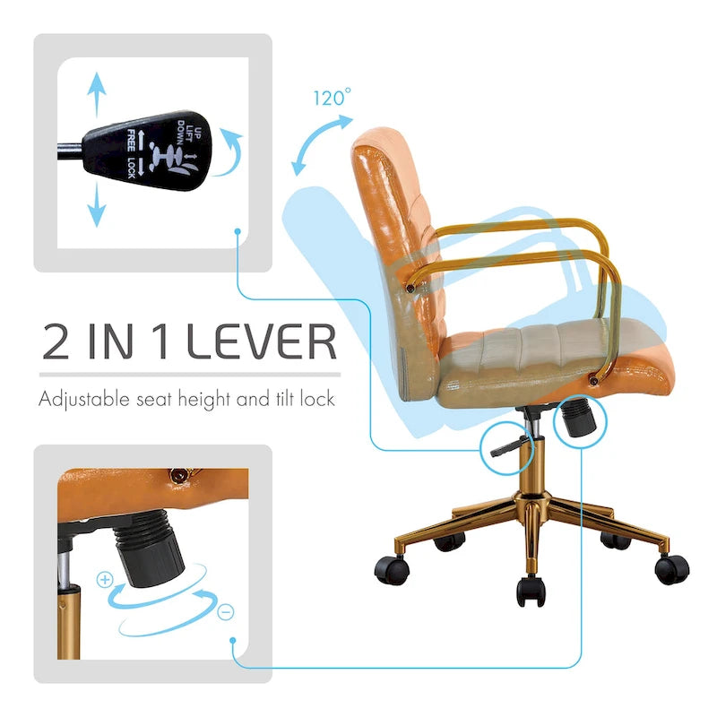 Chaise de bureau pivotante en similicuir mi-dossier avec base en métal doré