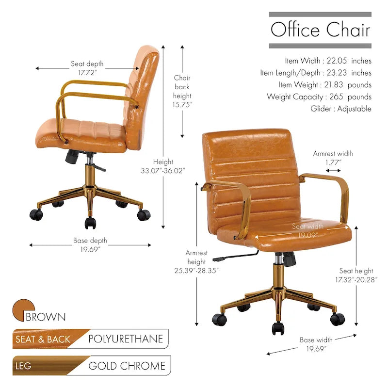Chaise de bureau pivotante en similicuir mi-dossier avec base en métal doré