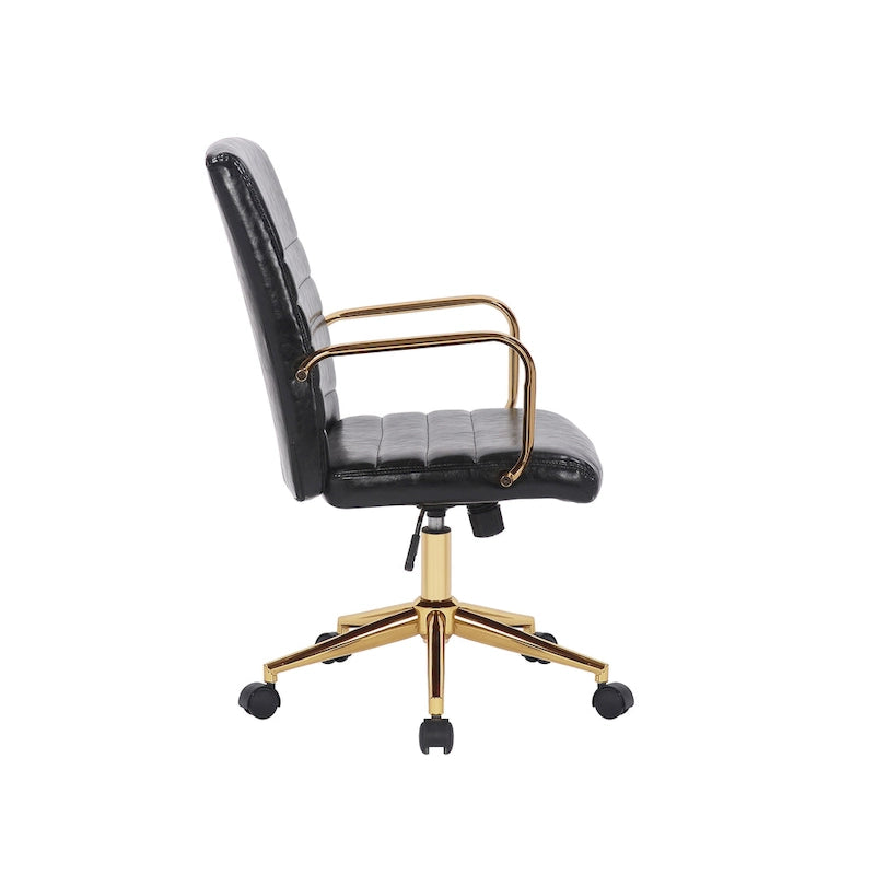 Chaise de bureau pivotante en similicuir mi-dossier avec base en métal doré