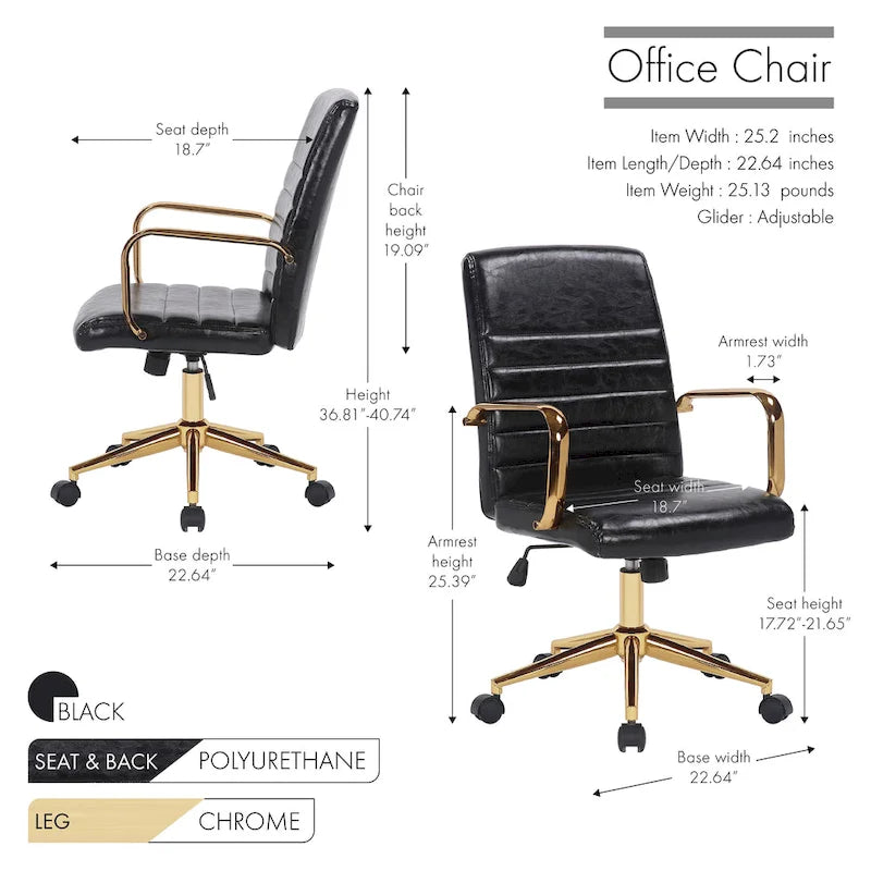 Chaise de bureau pivotante en similicuir mi-dossier avec base en métal doré