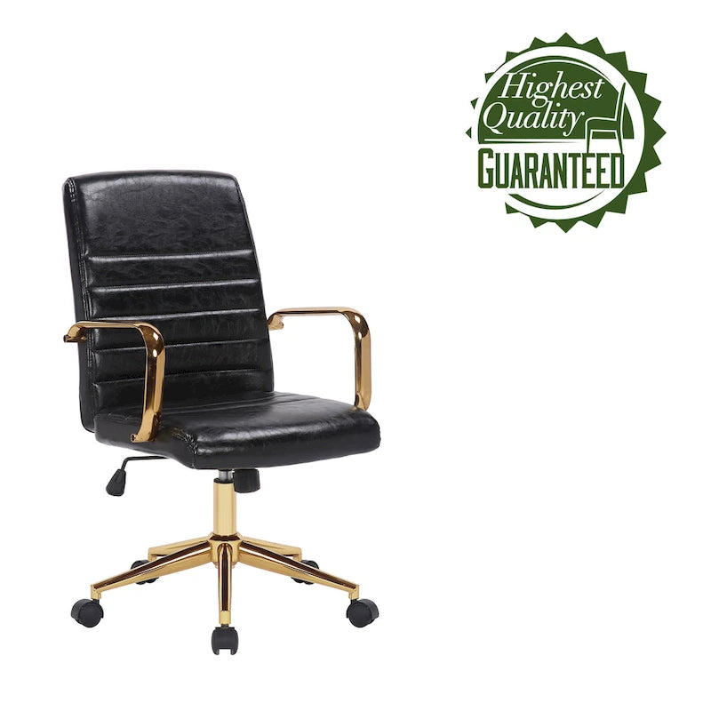 Chaise de bureau pivotante en similicuir mi-dossier avec base en métal doré