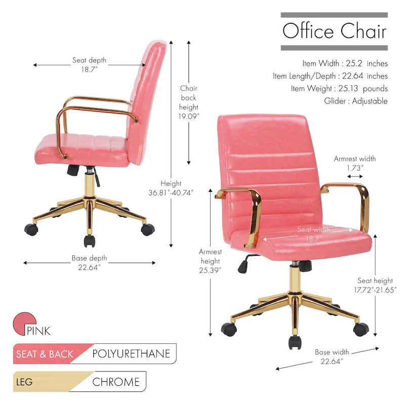 Chaise de bureau pivotante en similicuir mi-dossier avec base en métal doré