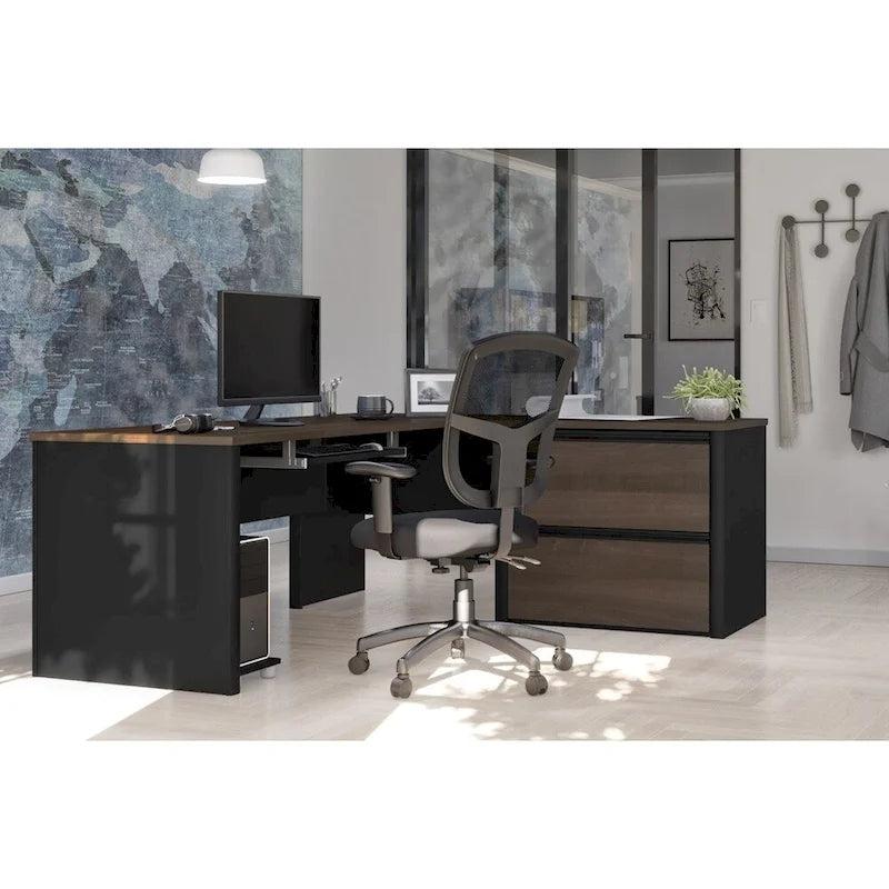Bureau d'angle avec piédestal surdimensionné et tiroirs classeurs
