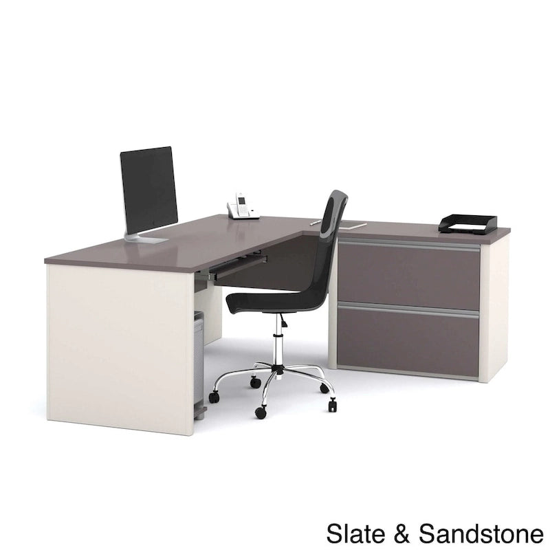 Bureau d'angle avec piédestal surdimensionné et tiroirs classeurs