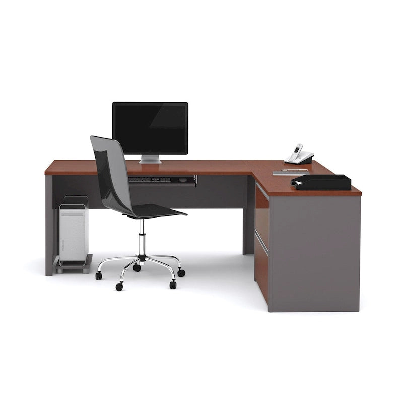 Bureau d'angle avec piédestal surdimensionné et tiroirs classeurs