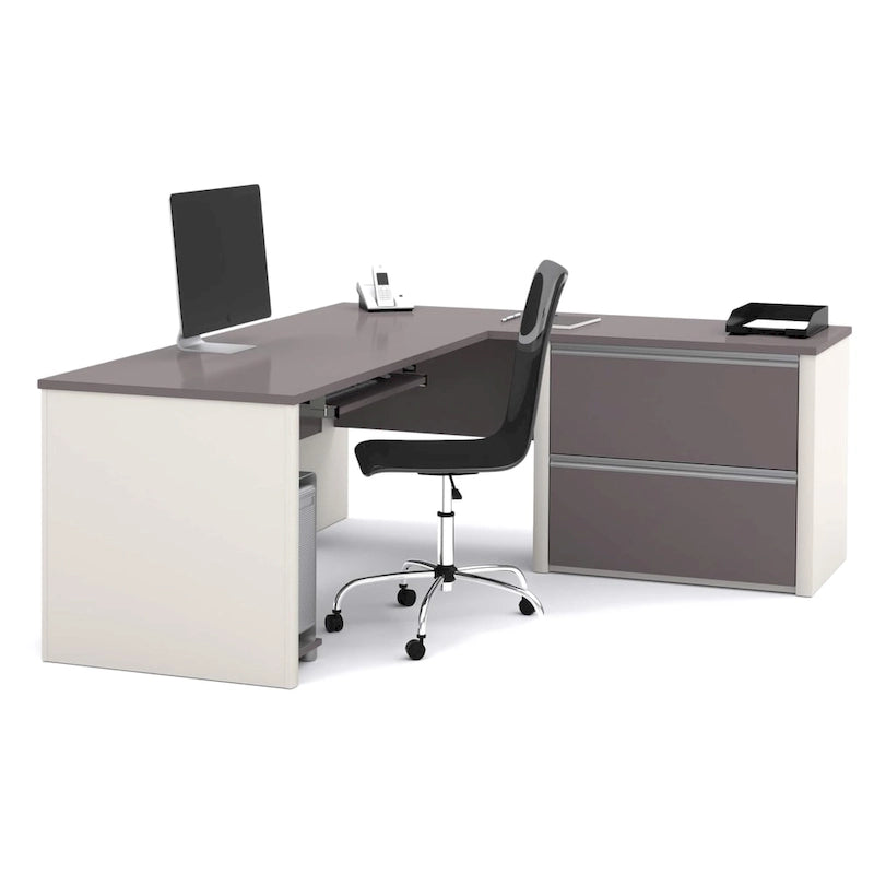 Bureau d'angle avec piédestal surdimensionné et tiroirs classeurs