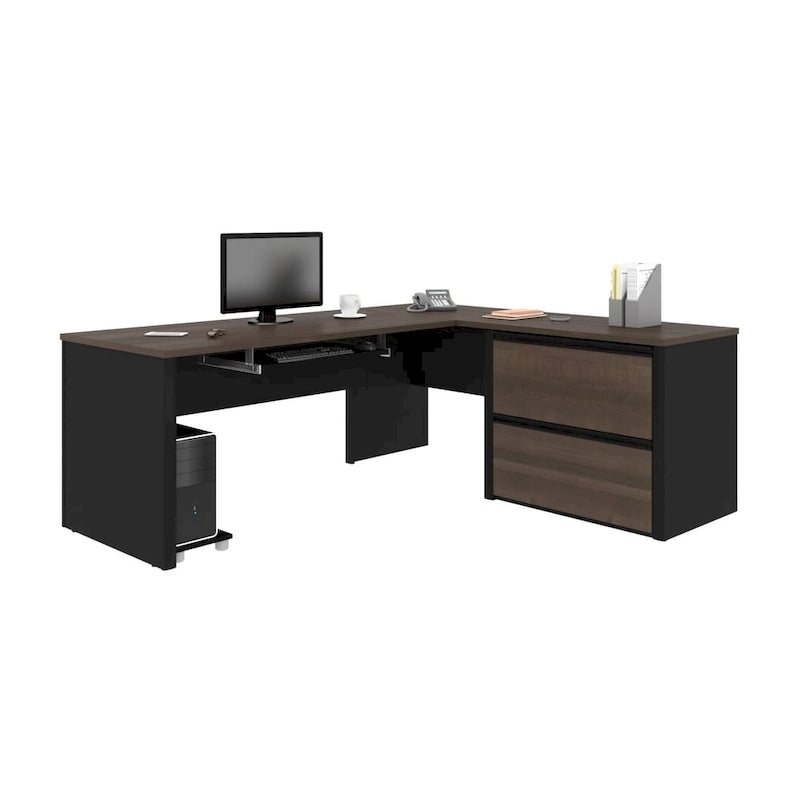 Bureau d'angle avec piédestal surdimensionné et tiroirs classeurs