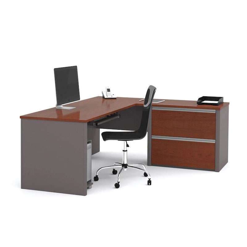 Bureau d'angle avec piédestal surdimensionné et tiroirs classeurs