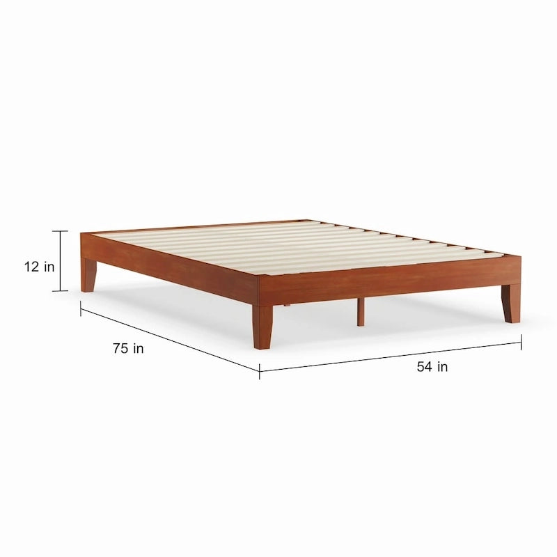 Cadre de lit plateforme en bois de 12 pouces, format double, fini cerisier avec lattes