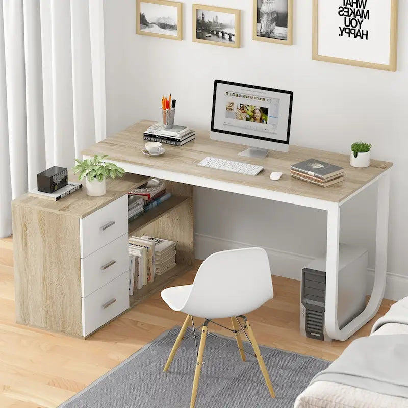 Bureau d'angle en L de 55 pouces avec tiroir et étagère de rangement