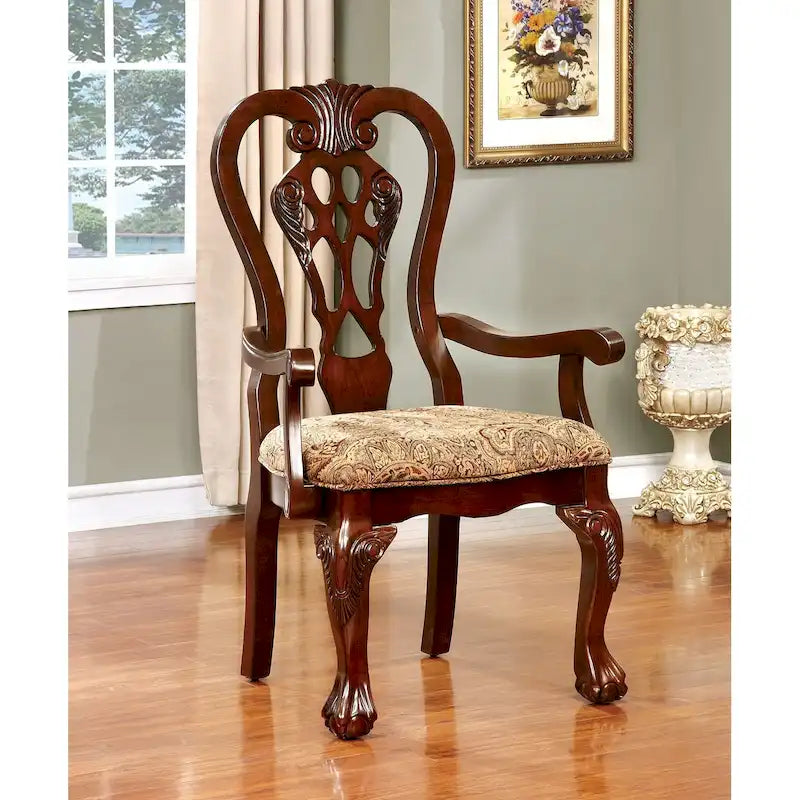 Chaise de salle à manger en tissu avec accoudoirs, coloris brun cerise, avec cadre en bois sculpté