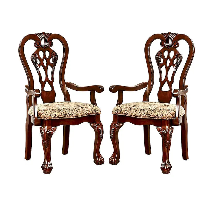 Chaise de salle à manger en tissu avec accoudoirs, coloris brun cerise, avec cadre en bois sculpté
