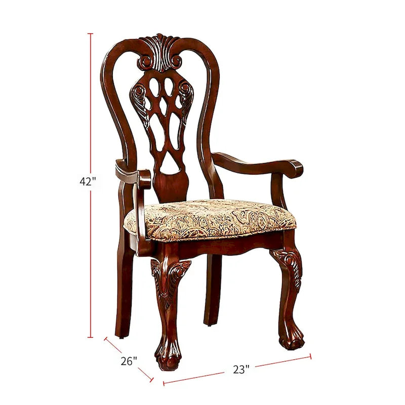 Chaise de salle à manger en tissu avec accoudoirs, coloris brun cerise, avec cadre en bois sculpté