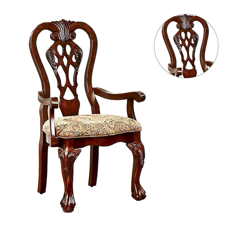 Chaise de salle à manger en tissu avec accoudoirs, coloris brun cerise, avec cadre en bois sculpté