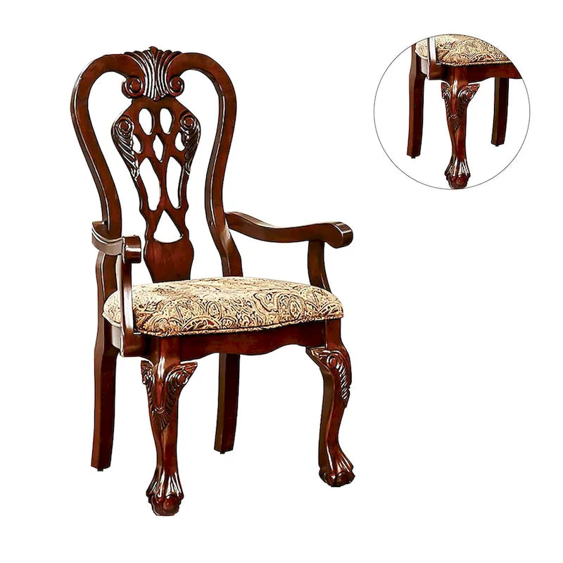 Chaise de salle à manger en tissu avec accoudoirs, coloris brun cerise, avec cadre en bois sculpté