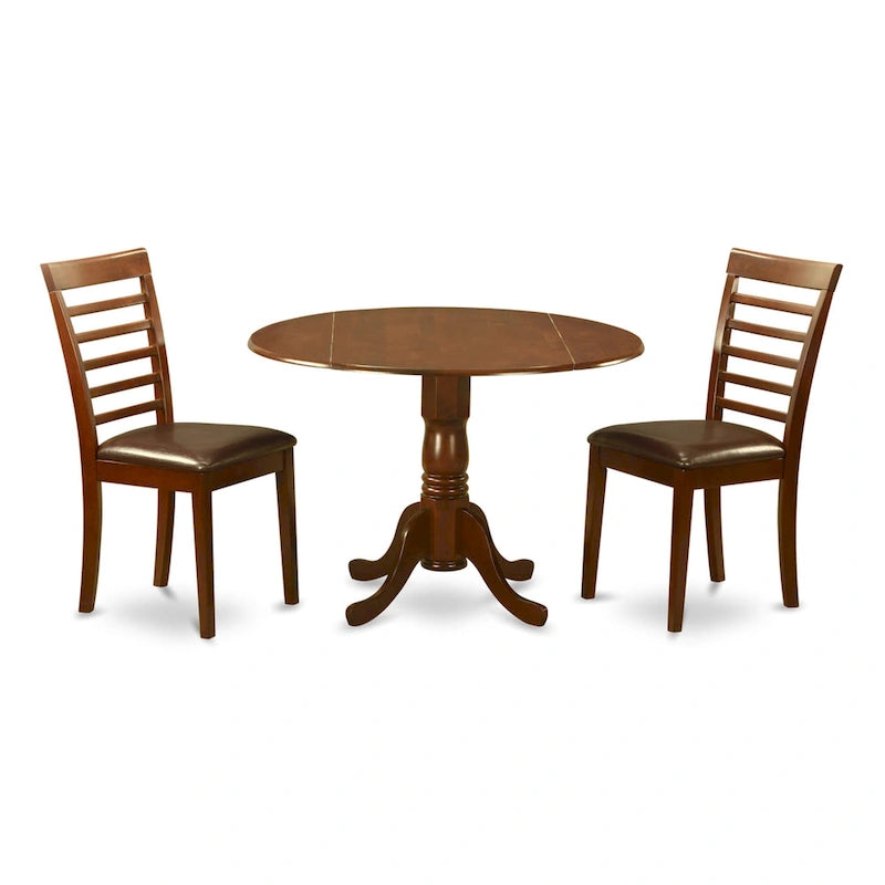 Table à manger ronde à rallonges avec finition en acajou et lattes de bois.