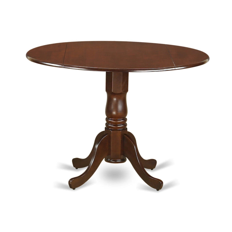 Table à manger ronde à rallonges avec finition en acajou et lattes de bois.