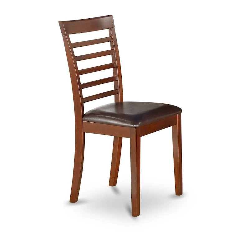 Table à manger ronde à rallonges avec finition en acajou et lattes de bois.