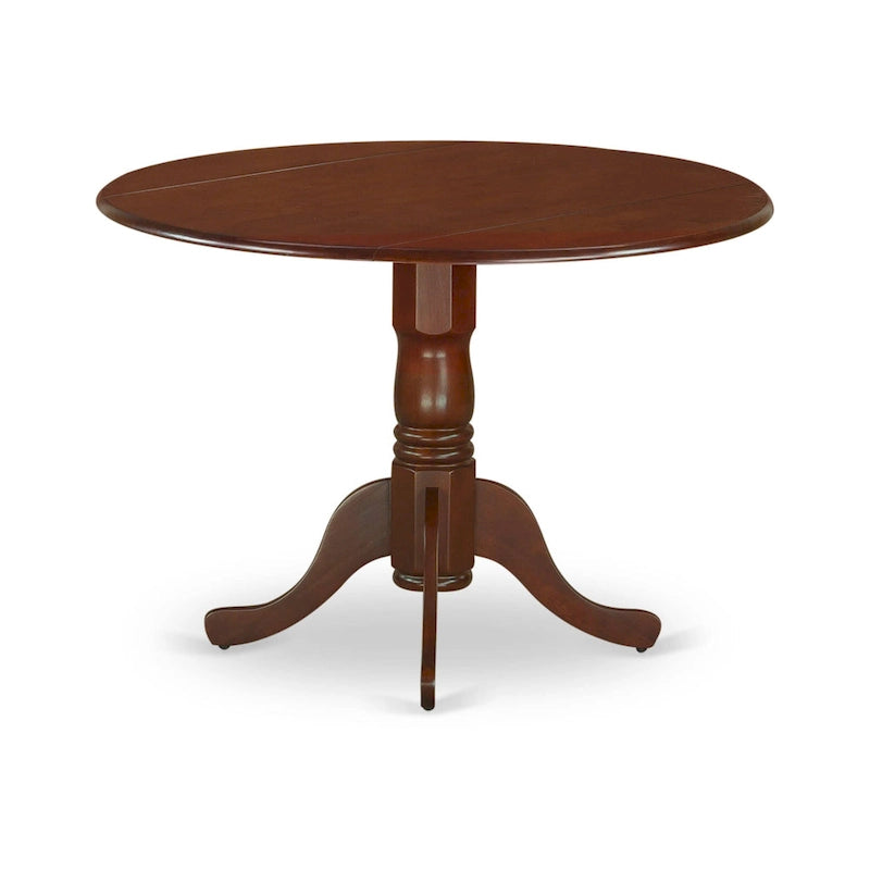 Table à manger ronde à rallonges avec finition en acajou et lattes de bois.