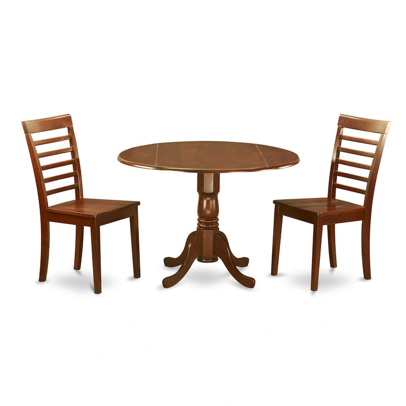 Table à manger ronde à rallonges avec finition en acajou et lattes de bois.