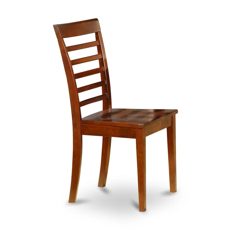 Table à manger ronde à rallonges avec finition en acajou et lattes de bois.