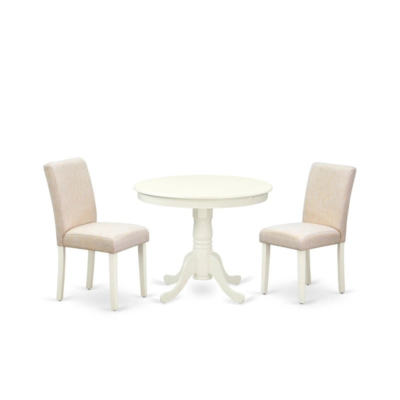 Table de salle à manger et de cuisine ronde à pied central en bois d'hévéa blanc lin