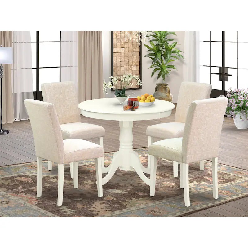 Table de salle à manger et de cuisine ronde à pied central en bois d'hévéa blanc lin