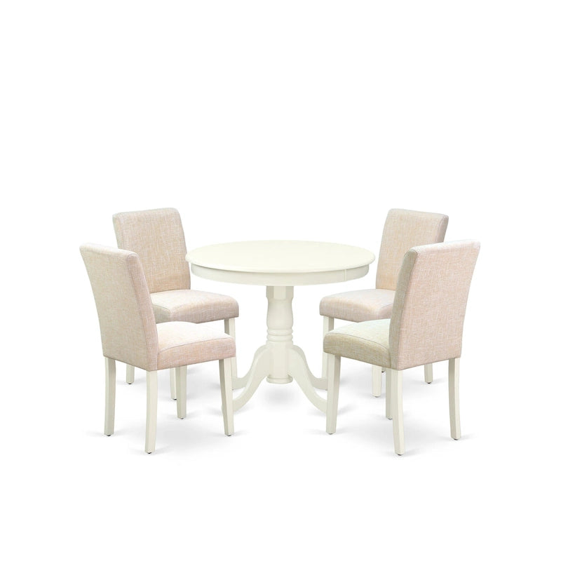 Table de salle à manger et de cuisine ronde à pied central en bois d'hévéa blanc lin