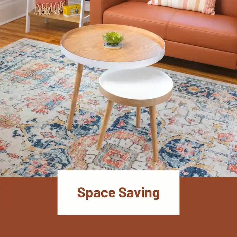 Table basse gigogne ronde avec plateau amovible et pieds en hêtre