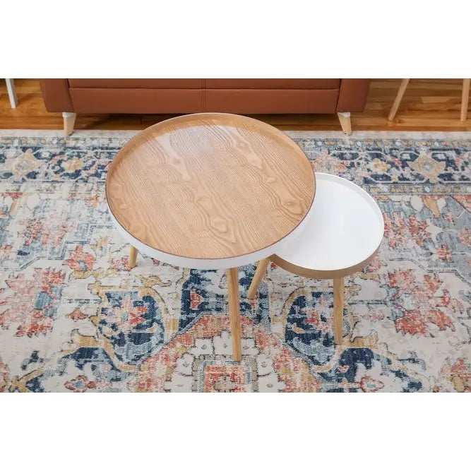 Table basse gigogne ronde avec plateau amovible et pieds en hêtre