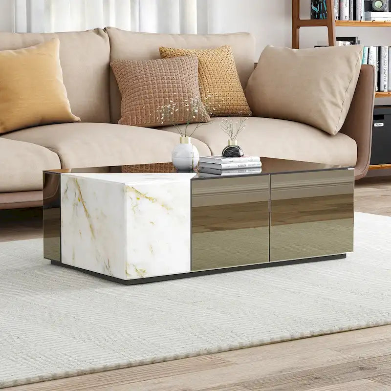 Table basse miroir avec motif patchwork en marbre gris