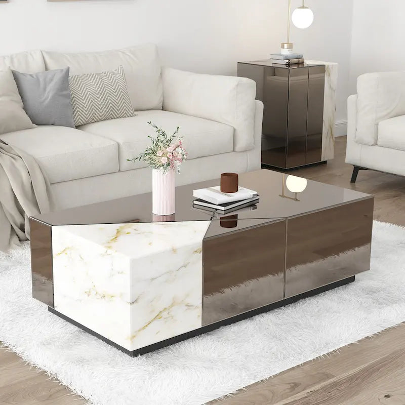 Table basse miroir avec motif patchwork en marbre gris