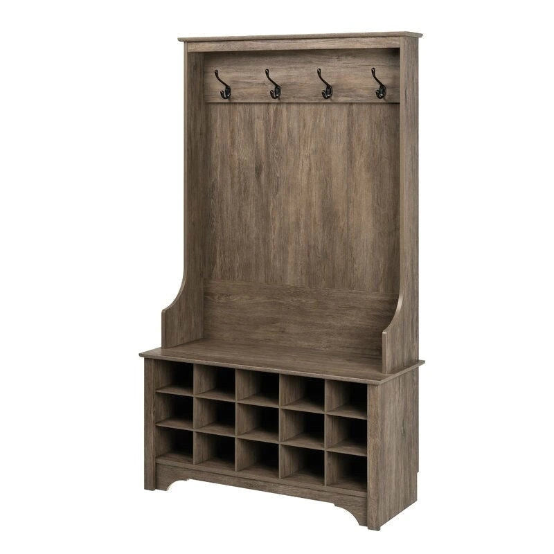 Meuble d'entrée gris avec casiers à chaussures, patères et banc de rangement