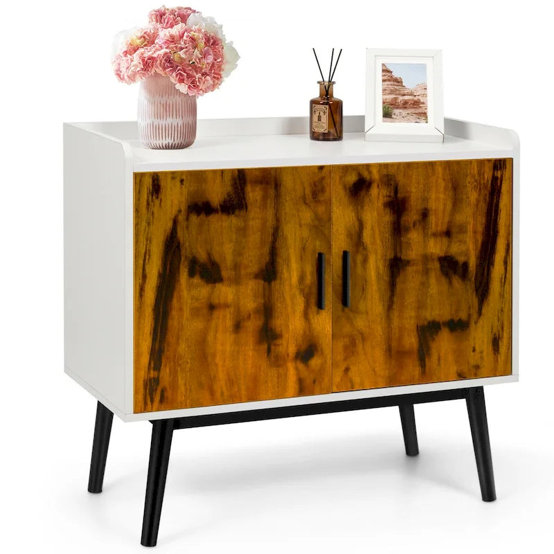 Bahut Buffet Meuble de Rangement avec 2 Portes Pieds en Métal Accent Blanc Marron Rustique