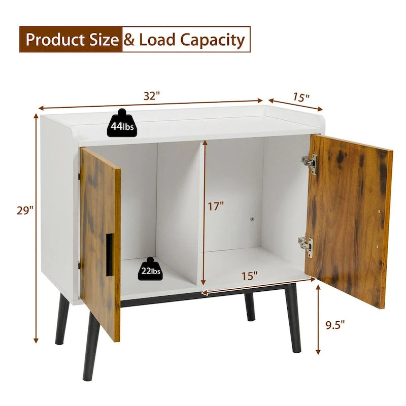 Bahut Buffet Meuble de Rangement avec 2 Portes Pieds en Métal Accent Blanc Marron Rustique