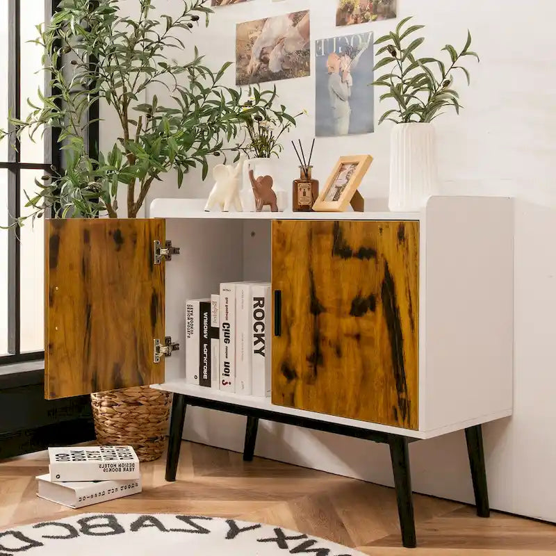 Bahut Buffet Meuble de Rangement avec 2 Portes Pieds en Métal Accent Blanc Marron Rustique