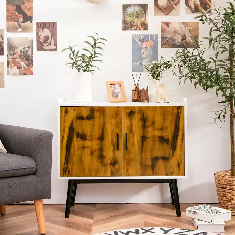 Bahut Buffet Meuble de Rangement avec 2 Portes Pieds en Métal Accent Blanc Marron Rustique
