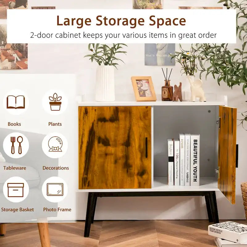 Bahut Buffet Meuble de Rangement avec 2 Portes Pieds en Métal Accent Blanc Marron Rustique