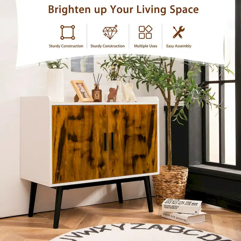 Bahut Buffet Meuble de Rangement avec 2 Portes Pieds en Métal Accent Blanc Marron Rustique