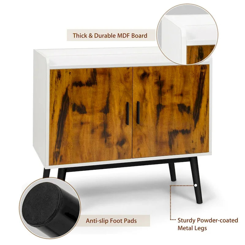 Bahut Buffet Meuble de Rangement avec 2 Portes Pieds en Métal Accent Blanc Marron Rustique